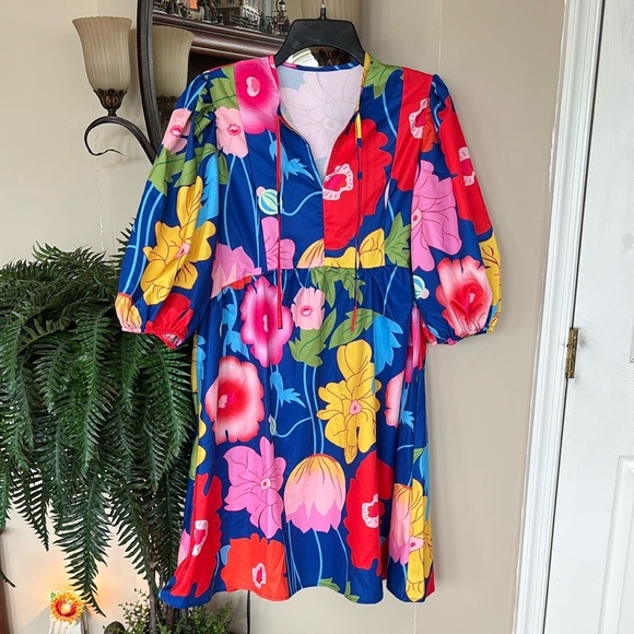 NWOT Colorful Floral Mini Dress Puff Sleeves Bow Tie Neckline Multicolored Mod - Picture 1 of 13